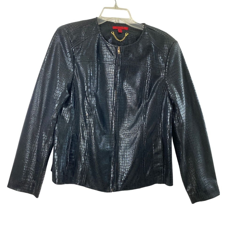 Womens Medium Black Faux Leather Croc Embossed‎ Zipper Front Jacket Goth Biker